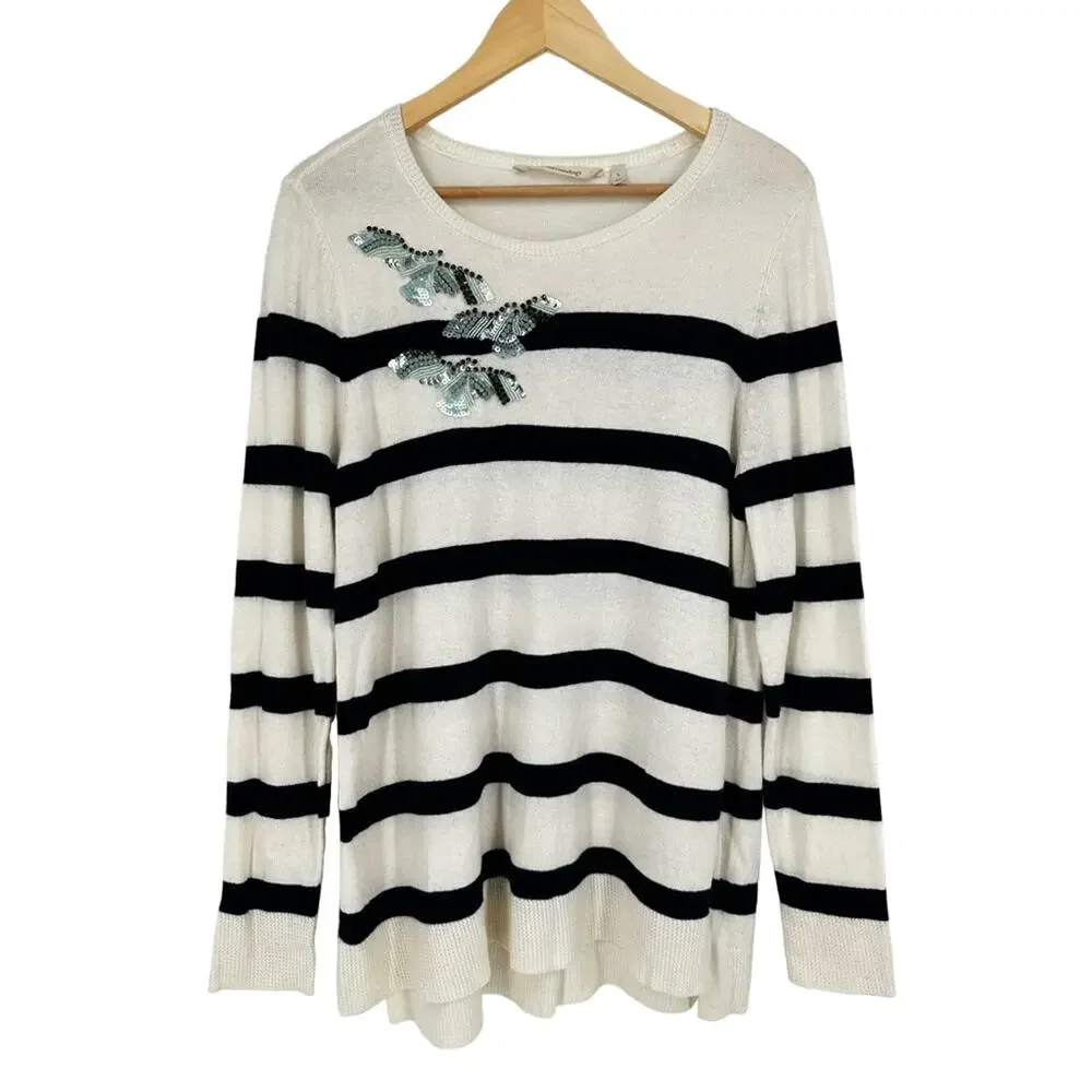 SOFT Surroundings Bye‎ Bye Birdie Sweater Sequins Stripes Size L Navy White